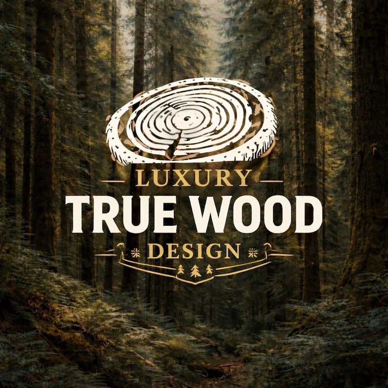 May include: A logo featuring a white stylized tree ring cross-section graphic above the text LUXURY TRUE WOOD DESIGN in white and gold lettering, set against a blurred background of a dense forest with tall trees and green foliage.