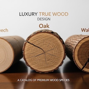 Puede incluir: Tres troncos de madera cil&iacute;ndricos etiquetados como Beech, Oak y Walunt, dispuestos horizontalmente. El texto LUXURY TRUE WOOD DESIGN y A CATALOG OF PREMIUM WOOD SPECIES aparece arriba y abajo de los troncos, mostrando vetas distintas.