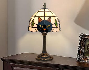 Black Cat Tiffany Table Lamp, Cute Animal Decor for Bedroom, Nightstand & Kids Study Room, Adorable Desk Lamp for Girl’s Room