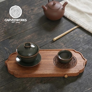 Bandeja de té Gongfu de nogal macizo / Juego de té chino Ruyi de una sola pieza
