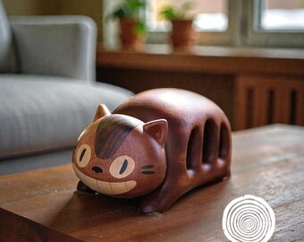 Hand Carved Wooden Cat Figurine | Coffee Table Decor | Hollow Wood Animal Art