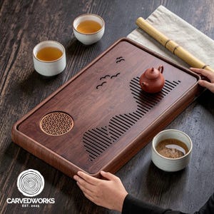 Carved Mountain Landscape Tea Tray | Zen Gongfu Serving Board, Natural Wood/Walnut