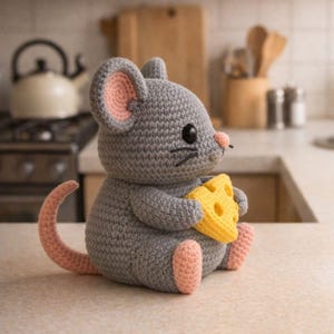 Puede incluir: Un ratón gris tejido a ganchillo con orejas, nariz, pies y cola rosas, sosteniendo una cuña de queso amarillo. El ratón hecho a mano tiene ojos de cuentas negras y bigotes de hilo negro. El ratón está sentado sobre una superficie clara.