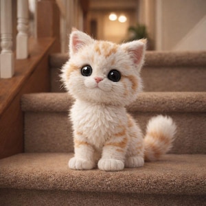 Puede incluir: Un gatito esponjoso, naranja y blanco, con grandes ojos oscuros, está sentado en una escalera alfombrada marrón. El gatito tiene una cara redonda, una nariz rosada y una cola esponjosa. El fondo está borroso.