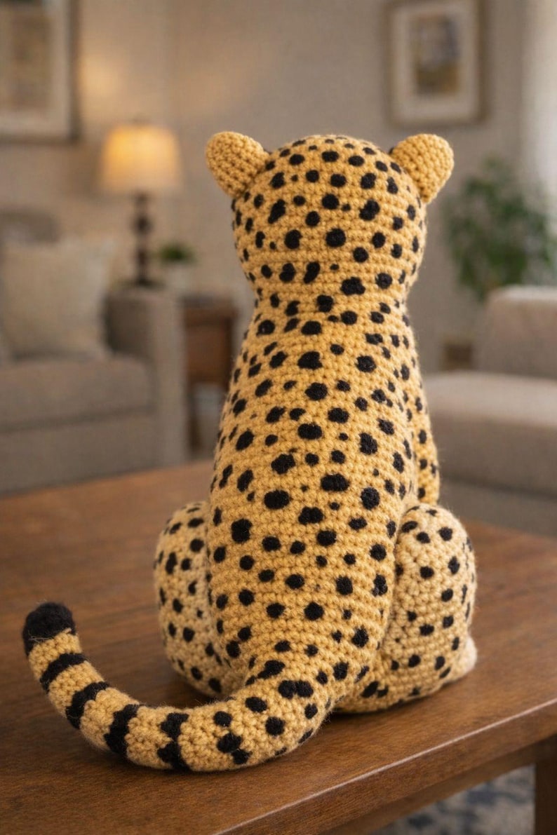 K&ouml;nnte beinhalten: Handgefertigte H&auml;kelfigur eines Geparden. Das Pl&uuml;schtier ist haupts&auml;chlich beige mit schwarzen Flecken, kleinen Ohren und einem gestreiften Schwanz. Der Gepard sitzt auf einem Holztisch. Der Hintergrund ist unscharf.