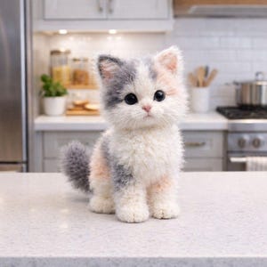 以下が含まれることがあります： 白、グレー、ピーチ色の毛並みが特徴の手作りの子猫の置物。 大きな黒い目を持ち、座っています。 キッチンにある明るい色のカウンタートップに置かれています。
