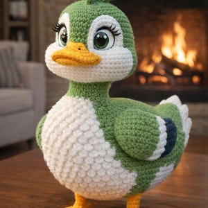 Puede incluir: Un pato de ganchillo hecho a mano, verde y blanco, con pico y patas amarillas. El pato tiene ojos grandes y expresivos y está sobre una superficie de madera. En el fondo se ve una chimenea con un brillo cálido.