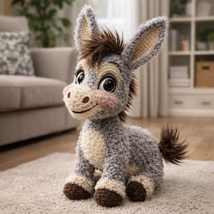 May include: A handmade crochet donkey plush toy in shades of gray, beige, and brown. The donkey has large, expressive eyes, a fluffy mane, and a small tail. The plush animal is sitting on a light-colored rug.