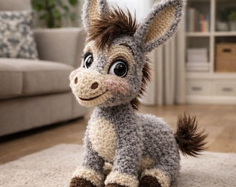 Schema all'uncinetto per asinello, peluche amigurumi a forma di animale da fattoria (schema PDF, altezza 45 cm)