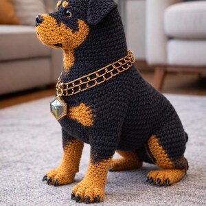 Puede incluir: Figura de perro Rottweiler de ganchillo en negro y marr&oacute;n con collar y colgante de cadena dorada. El perro hecho a mano est&aacute; sentado sobre una alfombra gris. El perro tiene nariz negra, ojos marrones y patas detalladas.