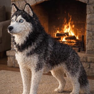 Puede incluir: Escultura detallada de un perro Husky siberiano con llamativos ojos azules, de pie sobre una alfombra frente a una chimenea de piedra con fuego. El perro tiene un pelaje blanco y negro, con una textura esponjosa.