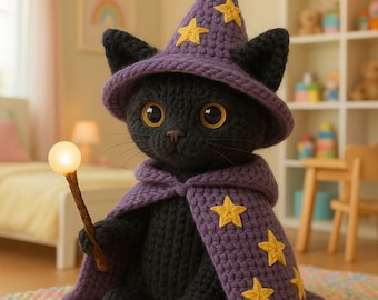 Black Wizard Cat Crochet Pattern, Amigurumi Tutorial, Halloween Kitty (PDF Download)