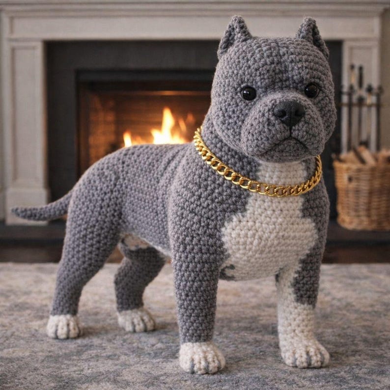 May include: A crocheted dog figurine in shades of gray and white, with a gold-colored chain collar. The dog has a muscular build and is standing on a patterned rug. The background includes a fireplace with a fire burning.