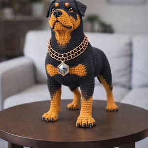 Puede incluir: Figura de perro Rottweiler de ganchillo en negro y marr&oacute;n, con un collar de cadena dorada y un colgante. El perro est&aacute; sobre una mesa marr&oacute;n oscuro. El ganchillo detallado resalta los rasgos del perro.