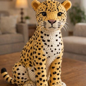 以下が含まれることがあります： 黄色とクリーム色の体、黒い斑点、ピンクの鼻を持つ、かぎ針編みのヒョウの置物。 手作りのぬいぐるみは、詳細な顔をしており、木製の表面に直立して座っています。 尻尾は黒とクリーム色の縞模様です。