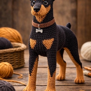 Op de afbeelding: Een handgemaakte gehaakte hondenfiguur in zwart en bruin. De hond heeft een bruine halsband met een botvormig label. De gehaakte hond staat op een houten oppervlak, met garen en een mand op de achtergrond.