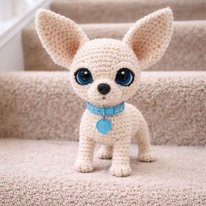 May include: A crocheted chihuahua dog with large blue eyes and a light blue collar with a heart-shaped tag. The dog is beige and stands on a carpeted staircase.