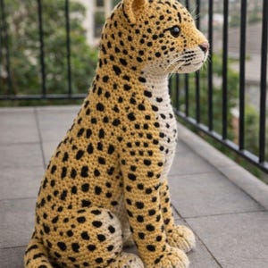 K&ouml;nnte beinhalten: Geh&auml;kelte Leopardenfigur in sitzender Position. Der Leopard hat einen beigefarbenen K&ouml;rper mit schwarzen Flecken, einen wei&szlig;en Bauch und einen schwarzspitzigen Schwanz. Er hat ein detailliertes Gesicht mit schwarzen Augen und einer rosa Nase. Die Figur steht auf einer grauen Fliesenoberfl&auml;che.