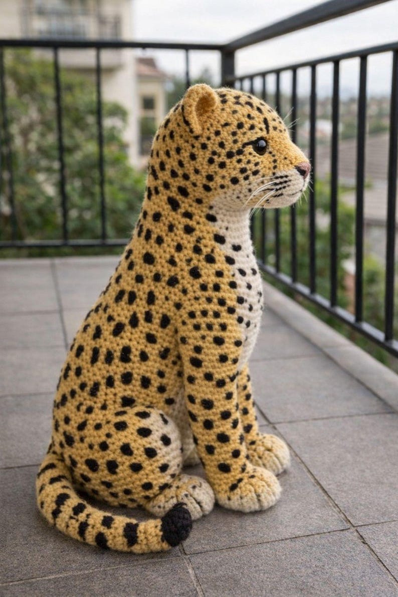 K&ouml;nnte beinhalten: Geh&auml;kelte Leopardenfigur in sitzender Position. Der Leopard hat einen beigefarbenen K&ouml;rper mit schwarzen Flecken, einen wei&szlig;en Bauch und einen schwarzspitzigen Schwanz. Er hat ein detailliertes Gesicht mit schwarzen Augen und einer rosa Nase. Die Figur steht auf einer grauen Fliesenoberfl&auml;che.