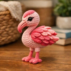 Könnte beinhalten: Ein handgehäkelter Flamingo in Rosatönen. Der Vogel hat einen langen, gebogenen Schnabel, schwarze Augen und detaillierte Federn an seinen Flügeln. Der Flamingo steht auf zwei rosa Beinen und Füßen und zeigt ein skurriles, handgefertigtes Design.