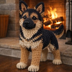 Puede incluir: Figura de perro Pastor Alemán hecha a ganchillo en negro, marrón y beige. El perro está de pie frente a una chimenea con fuego encendido. El perro tiene un diseño detallado, con un aspecto texturizado. La figura es un objeto decorativo.