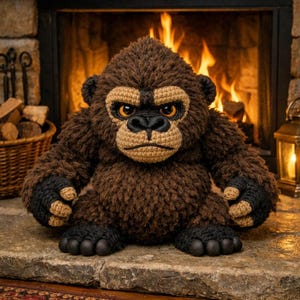 以下が含まれることがあります： 手作りの茶色の編み物ゴリラ。手と足は黒で、目はオレンジ色です。ぬいぐるみは暖炉の前の石の暖炉の上に座っています。居心地の良い装飾品です。