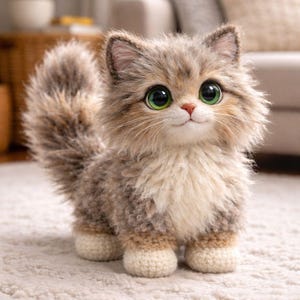 May include: A plush, handcrafted cat figurine with large green eyes and a fluffy tail. The cat has a mix of brown, tan, and cream-colored fur, and is posed on a light-colored rug. The cat's paws are a light cream color.