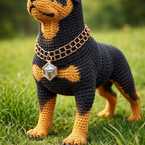 Puede incluir: Figura de perro Rottweiler de ganchillo, principalmente negro con marcas marrones, de pie sobre hierba verde. Lleva un collar de cadena dorada con un colgante. Los rasgos del perro son detallados y la est&eacute;tica general es encantadora.