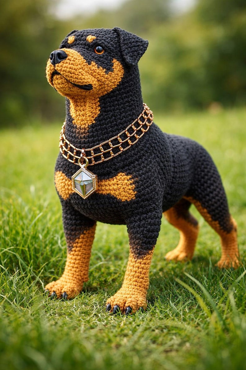 Puede incluir: Figura de perro Rottweiler de ganchillo, principalmente negro con marcas marrones, de pie sobre hierba verde. Lleva un collar de cadena dorada con un colgante. Los rasgos del perro son detallados y la est&eacute;tica general es encantadora.