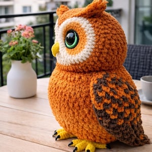 May include: A handcrafted orange crochet owl ornament with large, striking eyes. The owl features white and brown detailing, a yellow beak, and yellow feet with black claws. It is displayed on a wooden table, highlighting the intricate crochet work.