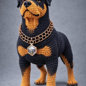 Puede incluir: Figura de perro Rottweiler de ganchillo en negro y marr&oacute;n con collar y colgante de cadena dorada. El perro hecho a mano tiene un dise&ntilde;o detallado y un aspecto realista. El perro est&aacute; sobre una superficie gris.