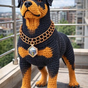 Puede incluir: Figura de perro Rottweiler de ganchillo en negro y marr&oacute;n con collar y colgante dorados. El perro hecho a mano tiene un dise&ntilde;o detallado, de pie en un balc&oacute;n con vistas a la ciudad de fondo. Las patas y la cara del perro son marrones.
