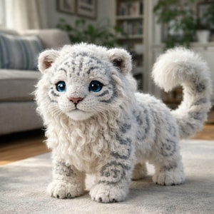 Peut inclure: Une peluche de bébé tigre blanc avec des yeux bleus et des marques grises. Le cub a un pelage duveteux et texturé et une queue enroulée. Le jouet est posé sur un tapis de couleur claire.