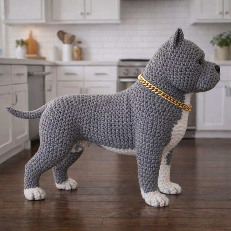 May include: A crocheted gray dog sculpture with white accents on the chest, paws, and lower legs. The dog wears a gold-colored chain collar. The handmade dog statue is standing on a wooden floor.