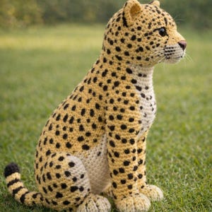 K&ouml;nnte beinhalten: Geh&auml;kelte Gepardenfigur, sitzend im Gras. Der Gepard hat einen beigefarbenen K&ouml;rper mit schwarzen Flecken, einen cremefarbenen Bauch und Pfoten sowie einen schwarz-braun gestreiften Schwanz. Der Hintergrund ist ein verschwommenes Gr&uuml;n, was eine nat&uuml;rliche Umgebung andeutet.