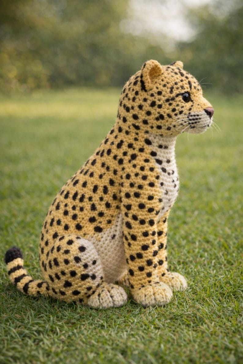 K&ouml;nnte beinhalten: Geh&auml;kelte Gepardenfigur, sitzend im Gras. Der Gepard hat einen beigefarbenen K&ouml;rper mit schwarzen Flecken, einen cremefarbenen Bauch und Pfoten sowie einen schwarz-braun gestreiften Schwanz. Der Hintergrund ist ein verschwommenes Gr&uuml;n, was eine nat&uuml;rliche Umgebung andeutet.