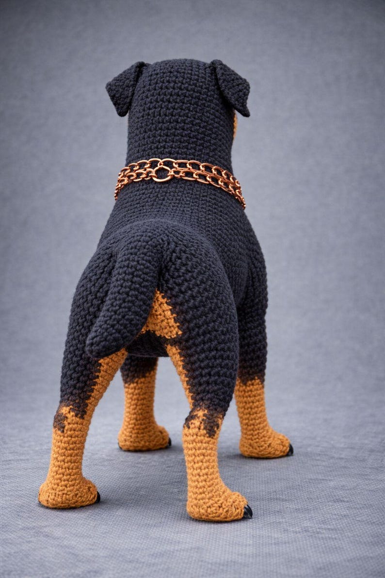 Puede incluir: Figura de perro hecha a ganchillo, vista desde atr&aacute;s. El perro es principalmente negro con marcas marrones en las patas. Lleva un collar de cadena color cobre. El trabajo de ganchillo muestra la textura de las puntadas.