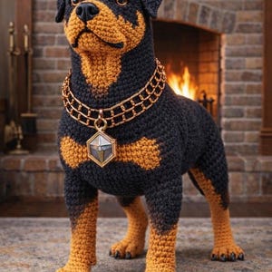 Pode incluir: Estátua de cão Rottweiler de crochê, preta e castanha, com coleira de corrente dourada e pingente. O cão está em frente a uma lareira. Um item de decoração para casa único, feito à mão.