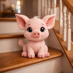 Puede incluir: Un cerdo de ganchillo rosa claro, hecho a mano, con ojos grandes y expresivos y una pequeña cola rizada. El cerdo está sentado en un escalón de madera. Este peluche es ideal como regalo o para decorar una habitación infantil. Mide unos 20 cm de alto.