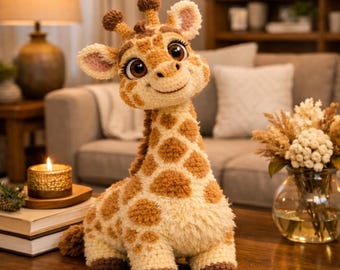 May include: A plush giraffe toy with a friendly expression, featuring brown spots on a cream-colored body. The giraffe has large, expressive eyes and is sitting on a wooden table. The toy is a soft, cuddly item.