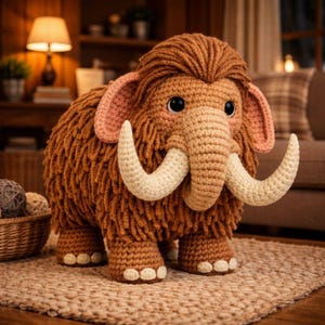 Könnte beinhalten: Ein handgefertigtes Häkelmammut-Spielzeug in Braun-, Beige- und Cremetönen. Das Plüschtier hat große Stoßzähne, schlaffe Ohren und kleine schwarze Augen. Das Spielzeug steht auf einem gewebten Teppich.