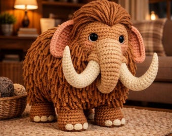 May include: A handmade crochet mammoth toy in shades of brown, tan, and cream. The plush animal features large tusks, floppy ears, and small black eyes. The toy is sitting on a woven rug.