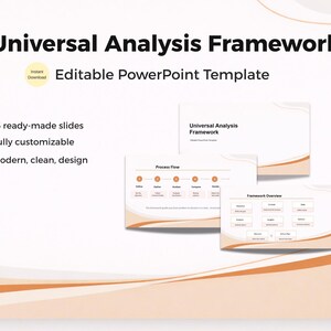 Könnte beinhalten: Ein editierbares PowerPoint-Template namens "Universal Analysis Framework" wird präsentiert. Das Bild zeigt mehrere Folien mit modernem Design. Zu den Funktionen gehören 16 vorgefertigte Folien und volle Anpassbarkeit. Der Text hebt auch ein sauberes Design hervor.