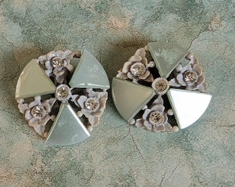 Vintage Pastel Floral Clip On Earrings Rhinestone Celluloid Style 1950s West Germany Style