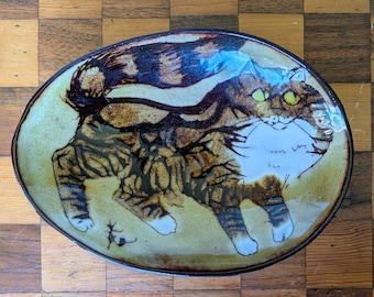 Vintage Joyce Morgan Chelsea Pottery Cat Dish, Hand-Painted Stoneware Folk Art Decor