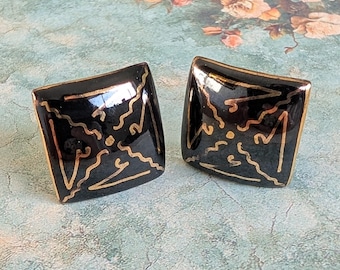 Vintage Black and Gold Clip On Earrings Bold Geometric Abstract Statement Earrings 1980s