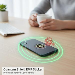 May include: A dark grey smartphone with a circular sticker featuring a gold and black design, surrounded by green radiating circles. The text "Quantam Shield EMF Sticker" is visible at the bottom.