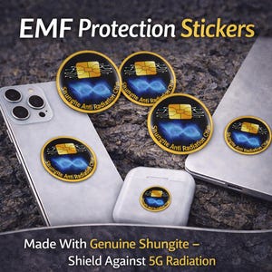 May include: Circular EMF protection stickers with a gold border, black background, and a circuit board design. The stickers are placed on a phone, laptop, and wireless earbuds case. Text on the stickers reads "Shungite Anti Radiation Chip". The image also includes the text "EMF Protection Stickers" and "Made With Genuine Shungite - Shield Against 5G Radiation."