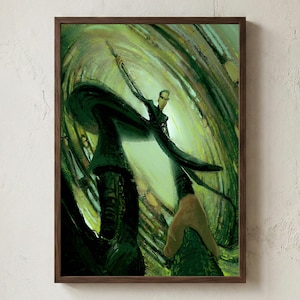 Może przedstawiać: Oprawiony wydruk artystyczny przedstawiający postać w długim czarnym płaszczu na wirującym zielono-żółtym tle. Grafika ma mroczną, dramatyczną estetykę, z naciskiem na centralną postać, w drewnianej ramie.