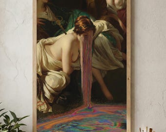May include: A framed art print featuring a classical painting with a surreal twist. A woman in a white gown has colorful, rainbow-like streams flowing from her eyes, creating a vibrant, abstract pool at the bottom. The artwork is set in a wooden frame.